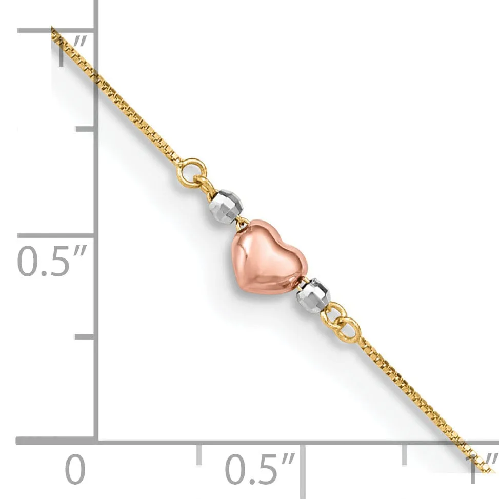 14k Tri-Gold Adjustable Puffed Heart Anklet