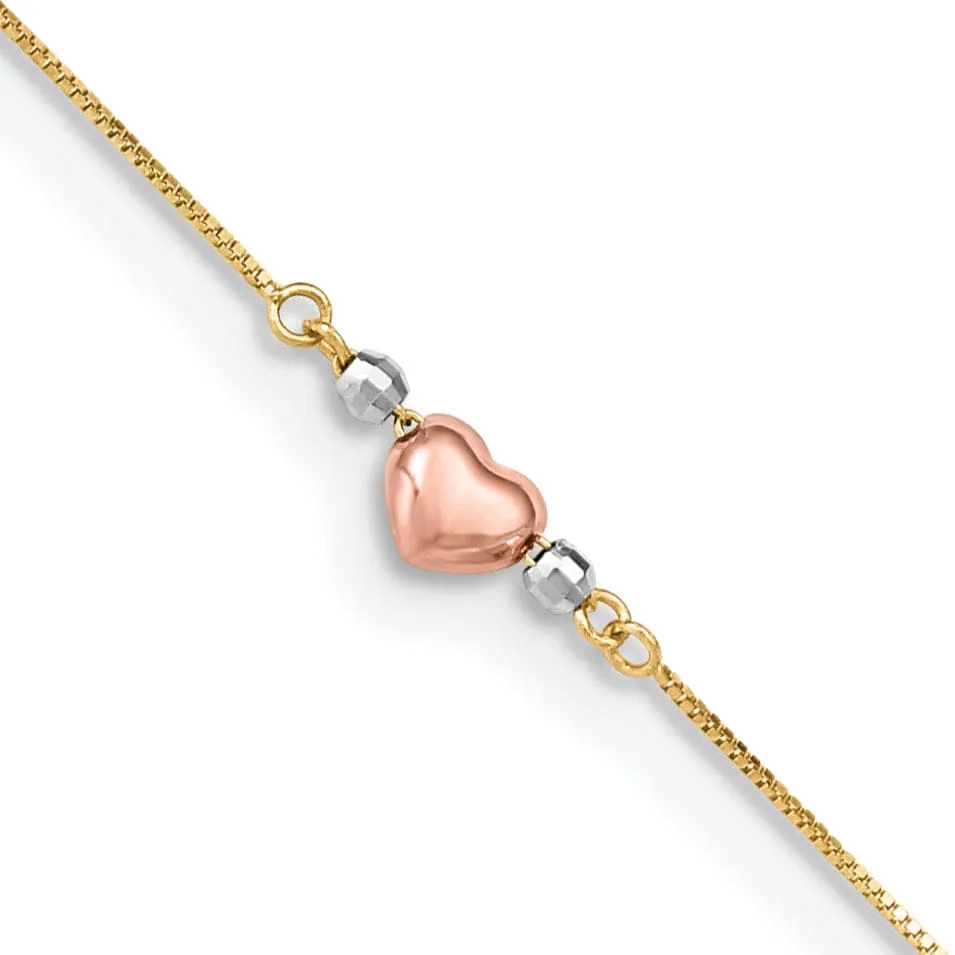 14k Tri-Gold Adjustable Puffed Heart Anklet