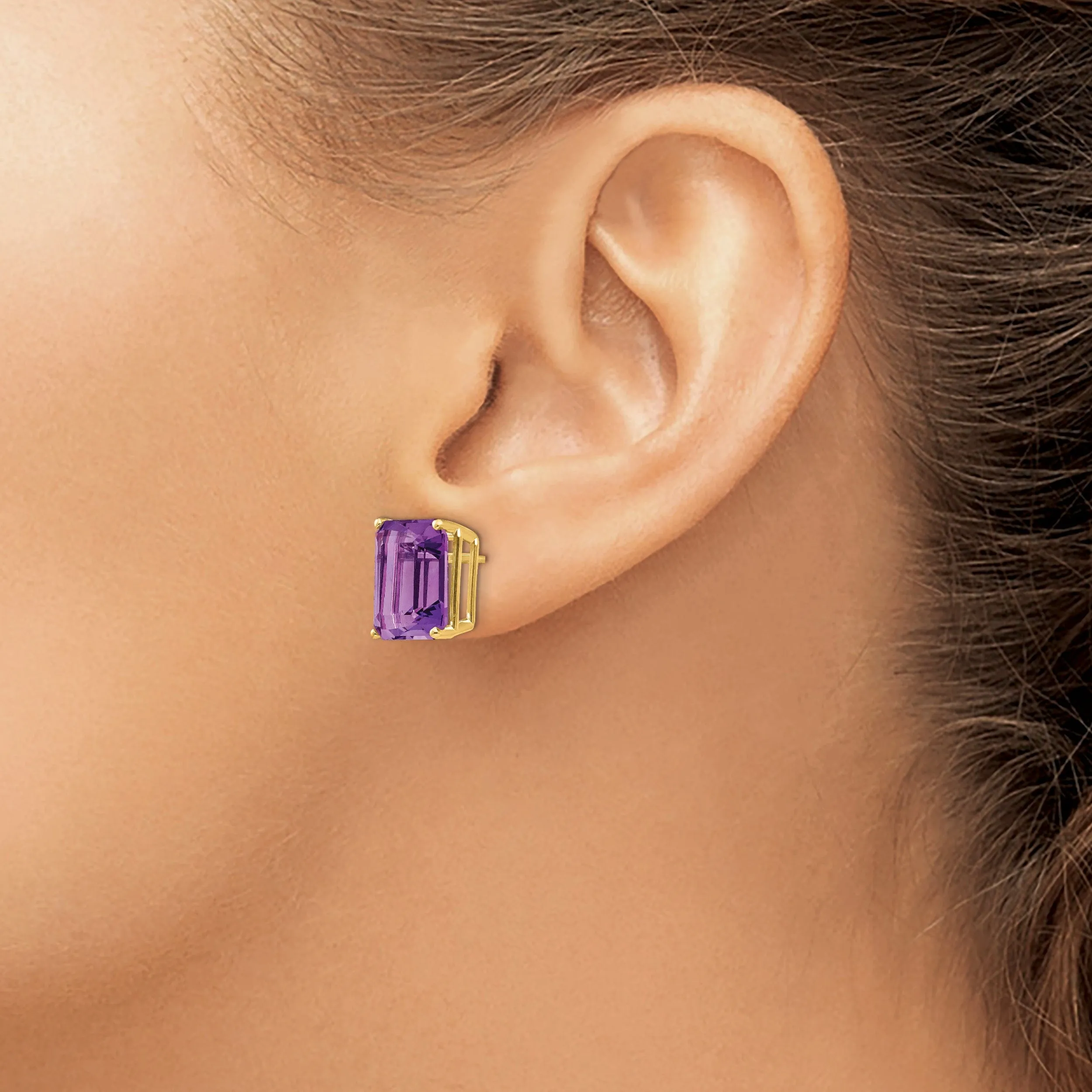 14k Yellow Gold Emerald Cut Amethyst Earring