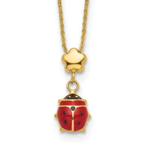 14k Yellow Gold Polished Red, Black Enameled Finish Hollow Ladybug with Flower Design Pendant in a 16.5-inch Cable Chain Necklace Set