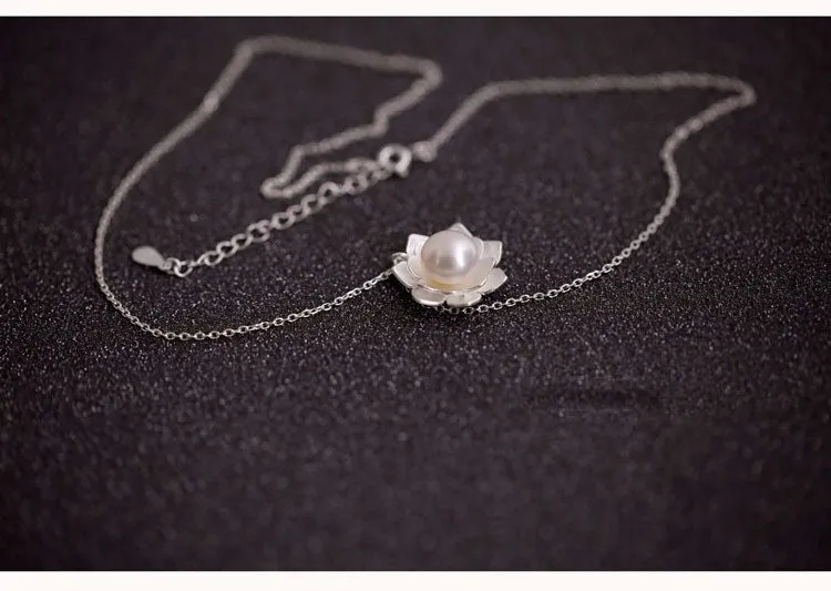 925 Sterling Silver Jewelry   Pearl Lotus Flower Necklaces Hot Sale Pure Silver Jewelry For Women