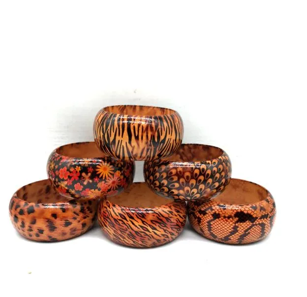 African Pattern Chunky Wooden Bangle - Large