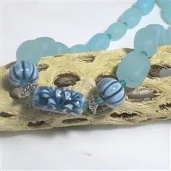 Aqua Sea Glass Necklace with Handmade Ceramic Accents Beads