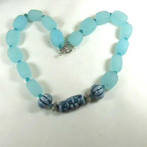 Aqua Sea Glass Necklace with Handmade Ceramic Accents Beads