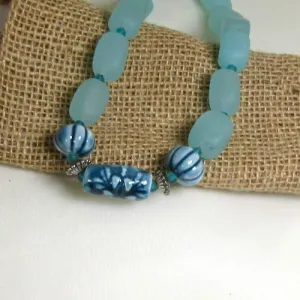 Aqua Sea Glass Necklace with Handmade Ceramic Accents Beads