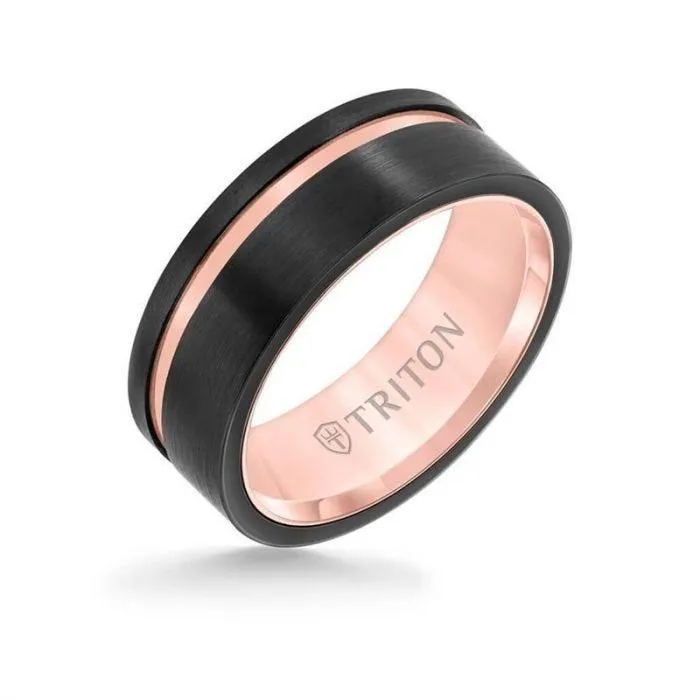 ARIA  Black and Rose Tungsten Flat Satin Finish Ring with Single Polished Offset Groove by Triton Rings 8mm