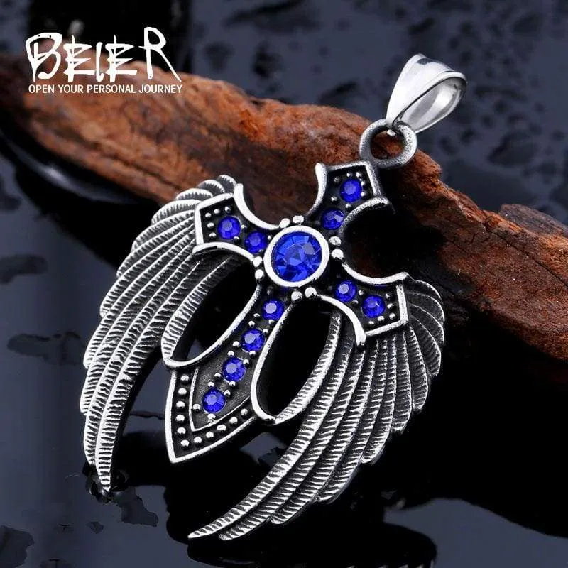 beier punk Stainless Steel Winged Cross 3 colour Stone Feather Pendant Necklace For Man women VintageLeft Jewelry  BP8-073