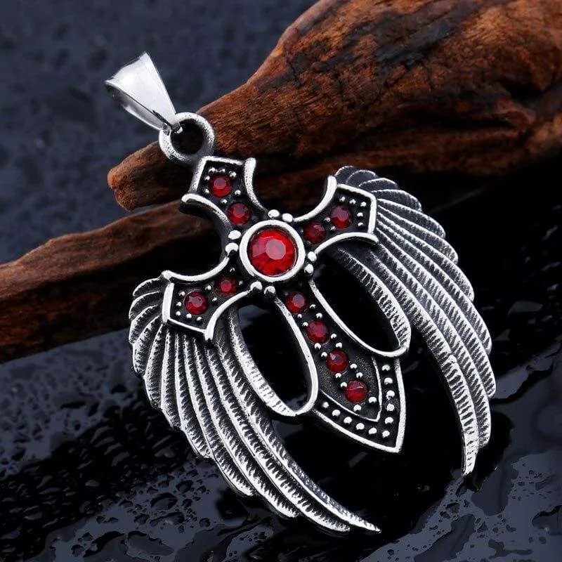 beier punk Stainless Steel Winged Cross 3 colour Stone Feather Pendant Necklace For Man women VintageLeft Jewelry  BP8-073