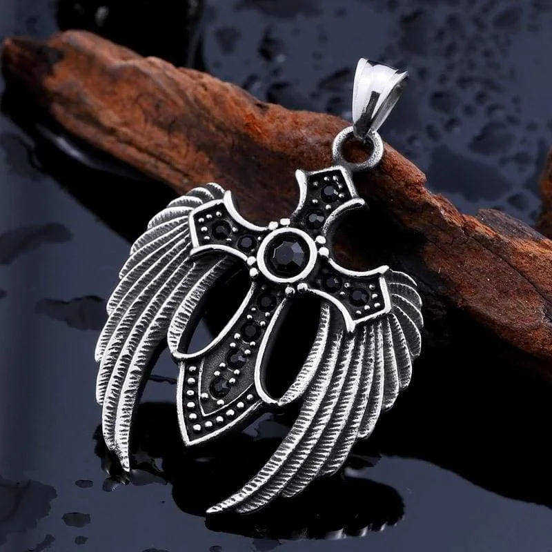 beier punk Stainless Steel Winged Cross 3 colour Stone Feather Pendant Necklace For Man women VintageLeft Jewelry  BP8-073