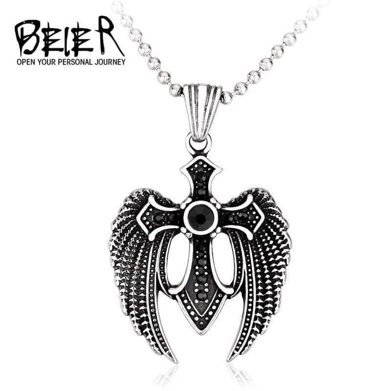 beier punk Stainless Steel Winged Cross 3 colour Stone Feather Pendant Necklace For Man women VintageLeft Jewelry  BP8-073