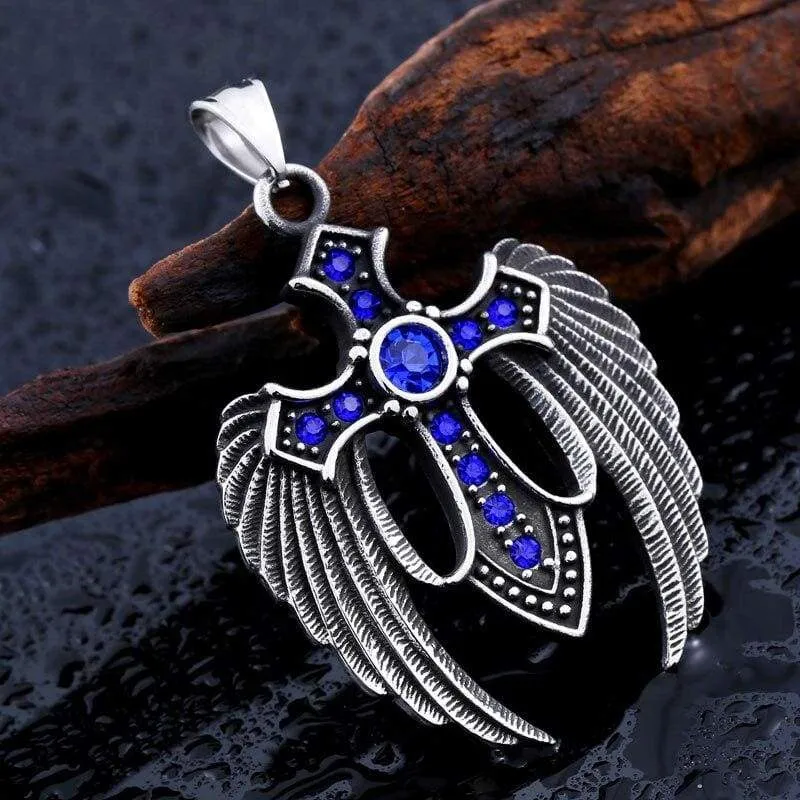 beier punk Stainless Steel Winged Cross 3 colour Stone Feather Pendant Necklace For Man women VintageLeft Jewelry  BP8-073