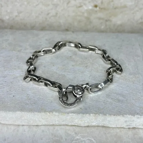 BL12 - Sterling Silver Link Bracelet w Pave Diamond Clasp