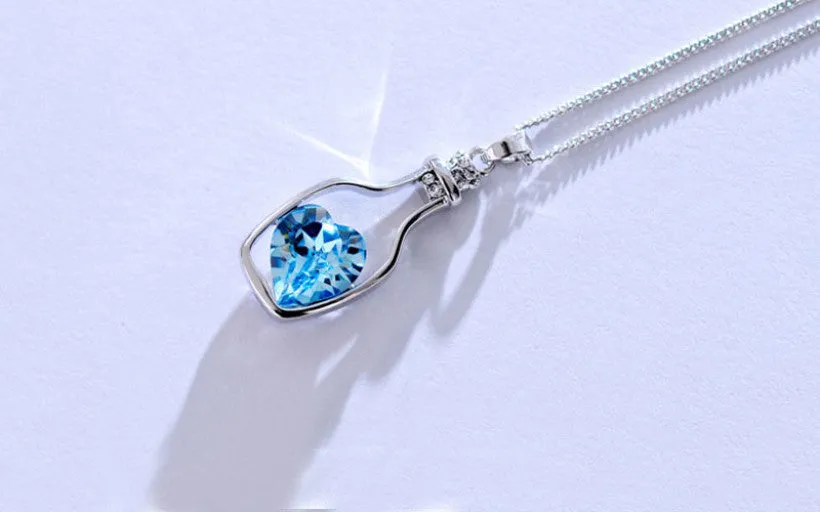 Creative Love Drift Bottles Blue Heart Crystal Pendant Necklace