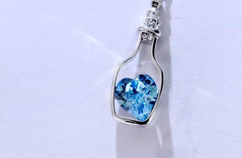 Creative Love Drift Bottles Blue Heart Crystal Pendant Necklace