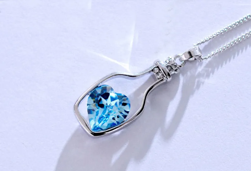 Creative Love Drift Bottles Blue Heart Crystal Pendant Necklace