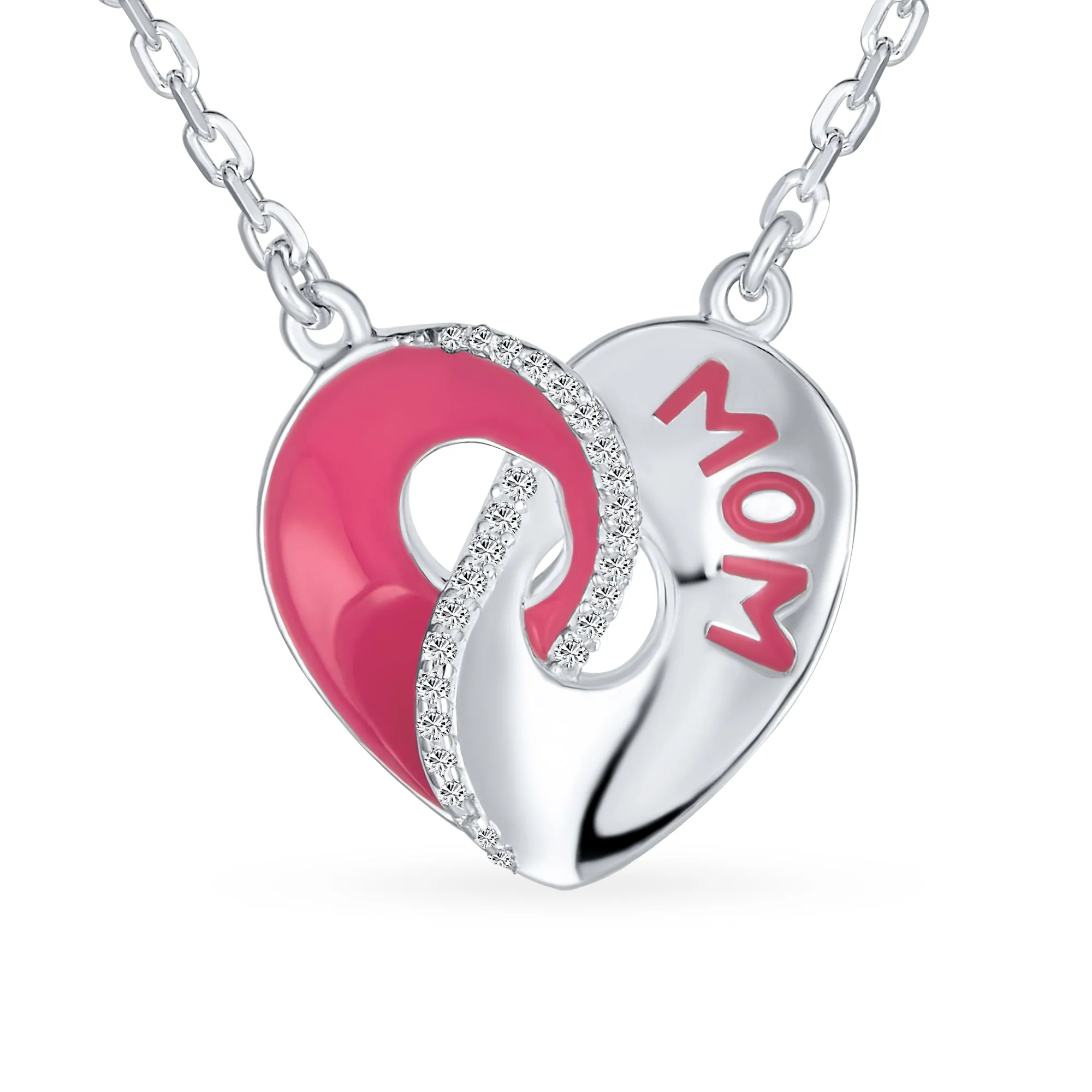 Crystal Accent 3D Interlocking Heart Pendant Necklace for Mom in Sterling Silver