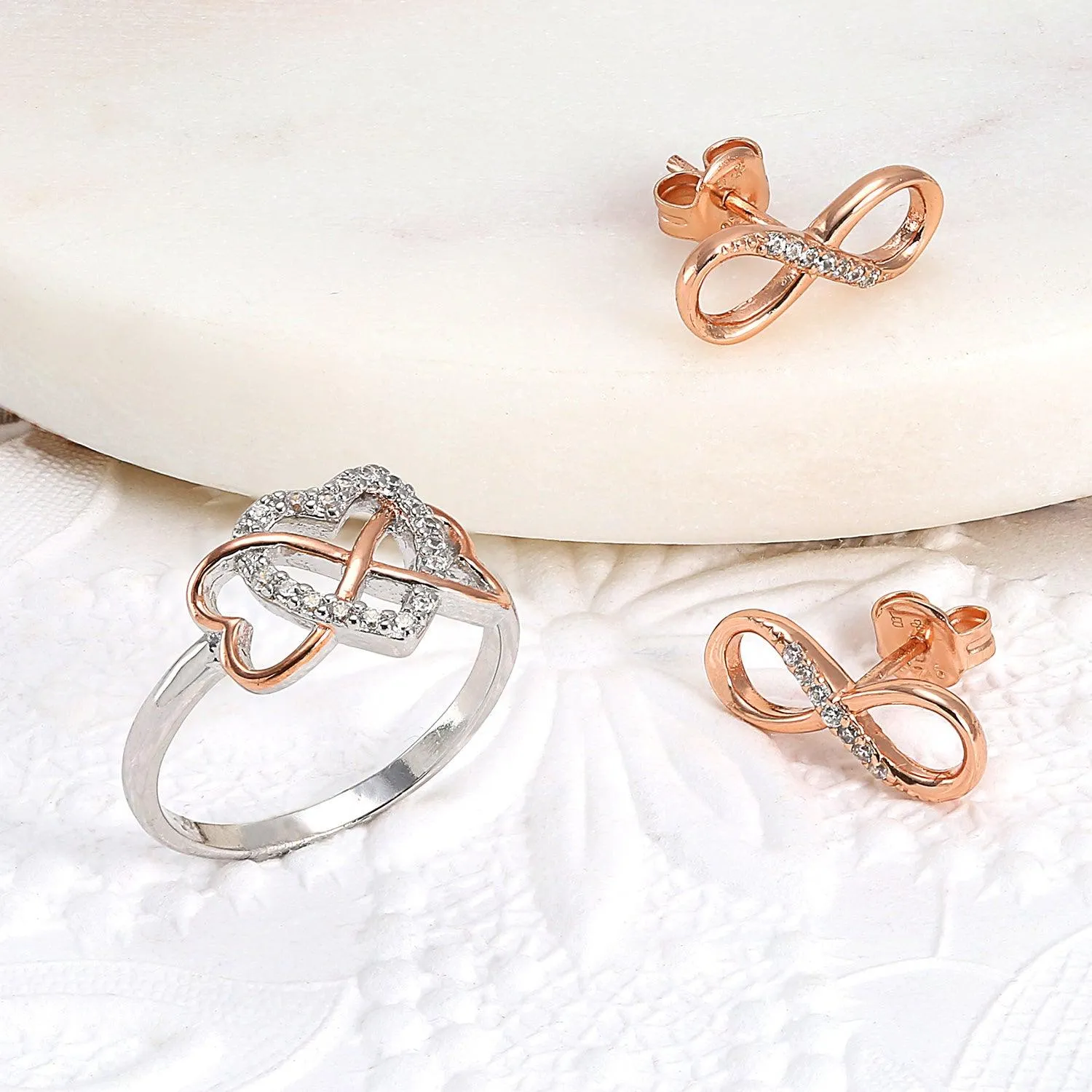 CZ Love Knot Symbol Infinity Stud Earrings Rose Gold Plated 925 Silver