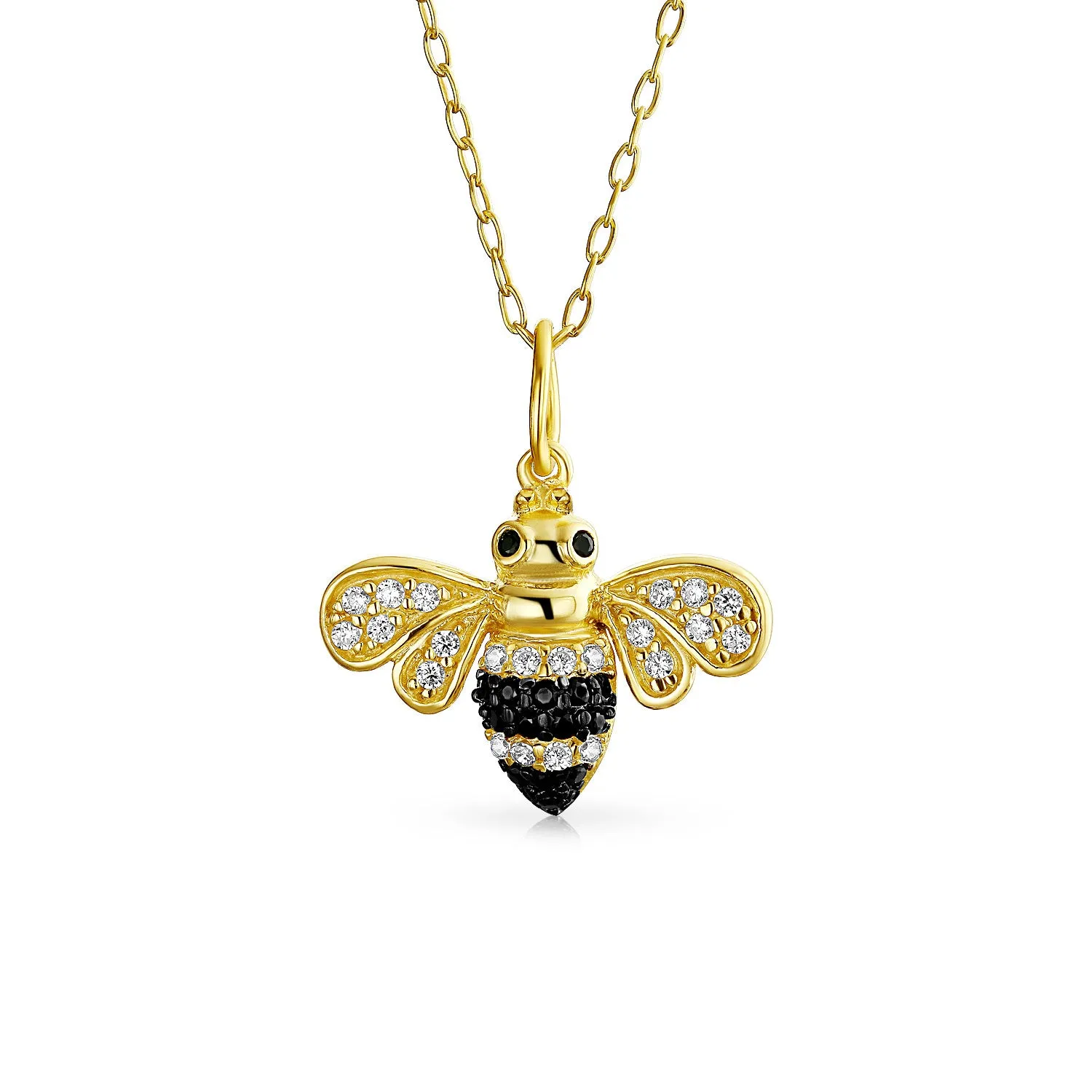 Elegant Queen Bee Pendant Necklace - Black & Gold Zirconia 14K Gold Plated Silver