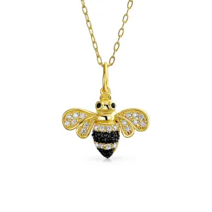 Elegant Queen Bee Pendant Necklace - Black & Gold Zirconia 14K Gold Plated Silver