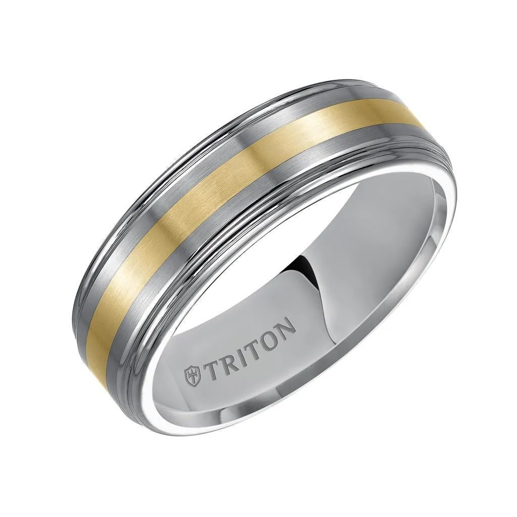 EUGENE Raised Brushed Center Tungsten Carbide Wedding Band with Polished Rounded Rims and 18K Gold Inlay by Triton Rings - 7 mm