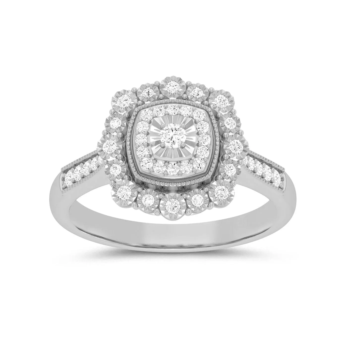 Fancy Surround Cushion Shaped Ring With 0.15ct of Diamonds in Sterling Silver