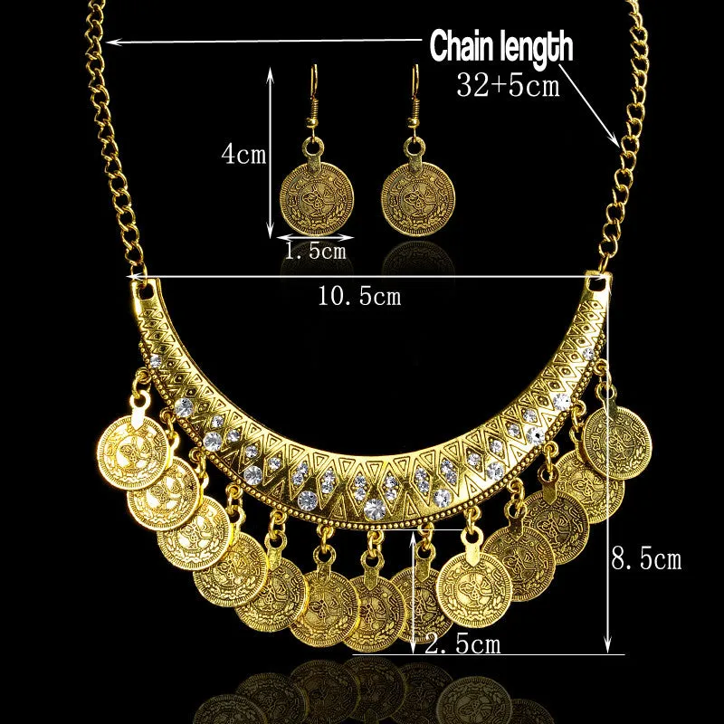 Fashion Boho Ethnic Vintage Carved Flower Coin Tassel Choker Necklace Earrings Set Statement Necklaces & Pendants Fine Jewelry