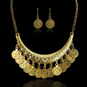 Fashion Boho Ethnic Vintage Carved Flower Coin Tassel Choker Necklace Earrings Set Statement Necklaces & Pendants Fine Jewelry