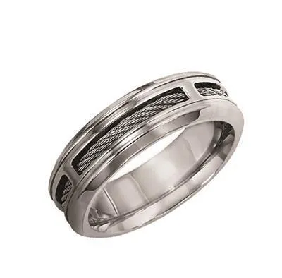 FINLEY Stainless Steel Comfort Fit Wedding Band with Cable Inlay and Beveled Edges by Triton Rings - 7 mm