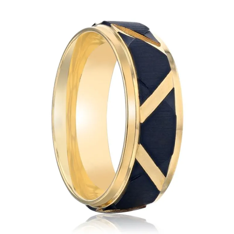 FLEMING | Gold Titanium Ring Matte Black Raised Horizonta