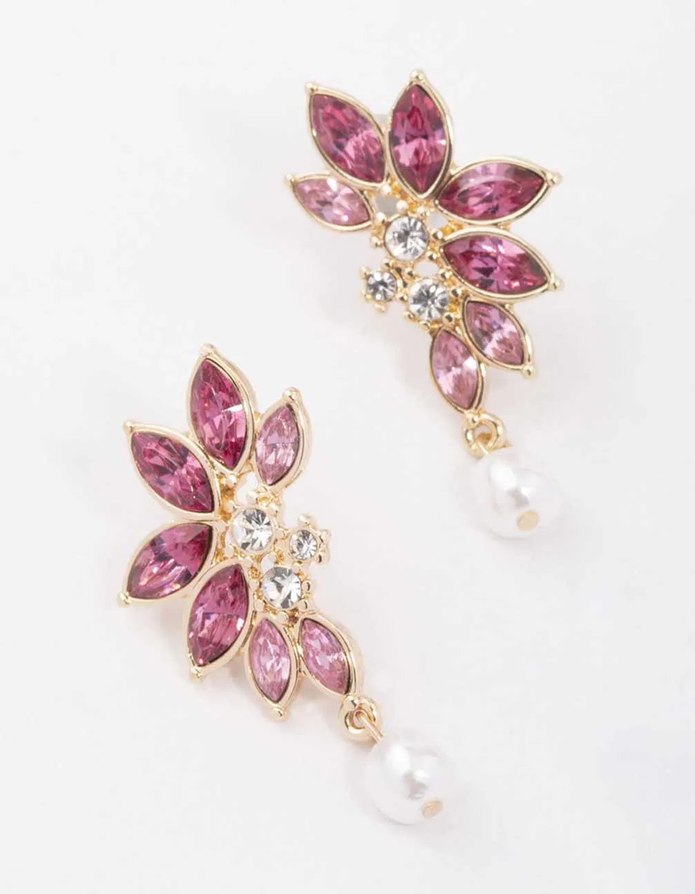 Gold & Pink Diamante Marquise Pearl Stud Earrings