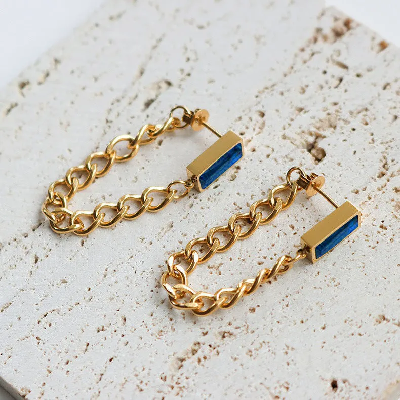 Gold Chain Link Drop Earrings with Blue Stone Accent jlt11838