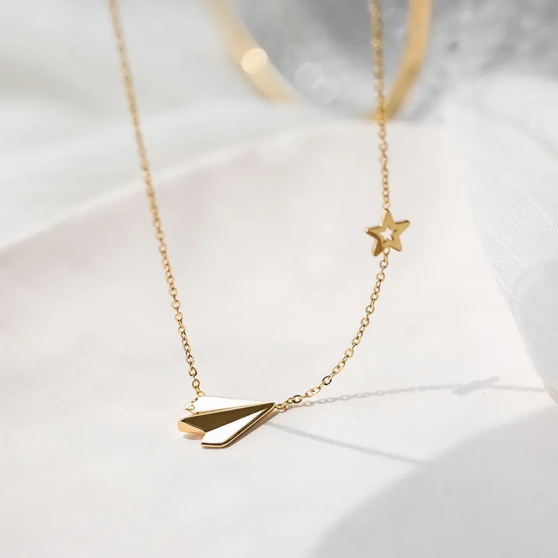 Gold Paper Airplane Necklace with Star Charm – Whimsical and Trendy Jewelry-jltn0607