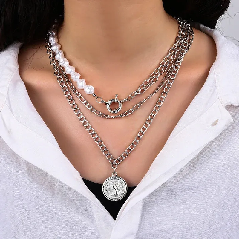 Multilayer Pearl Embossed Punk Jewelry Fashion Necklace