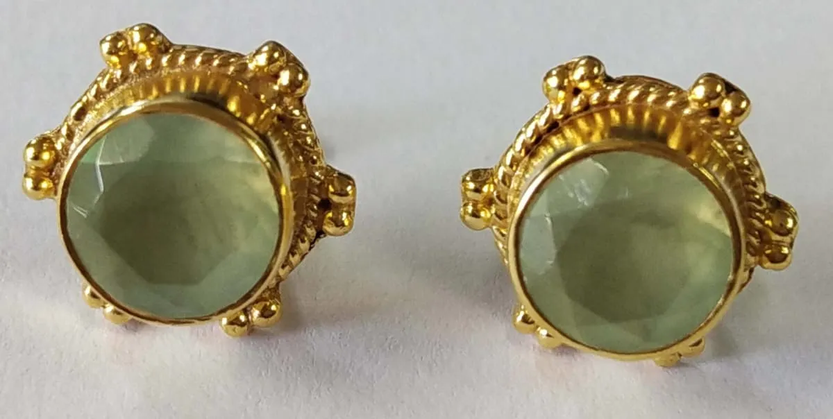 Natural Prehnite Round Stud Sterling Silver 18crt Gold Plated Stud