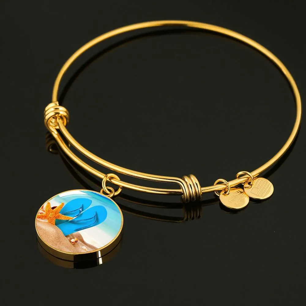 New Flip Flops On The Beach - Round Pendant Gold Bangle Bracelet