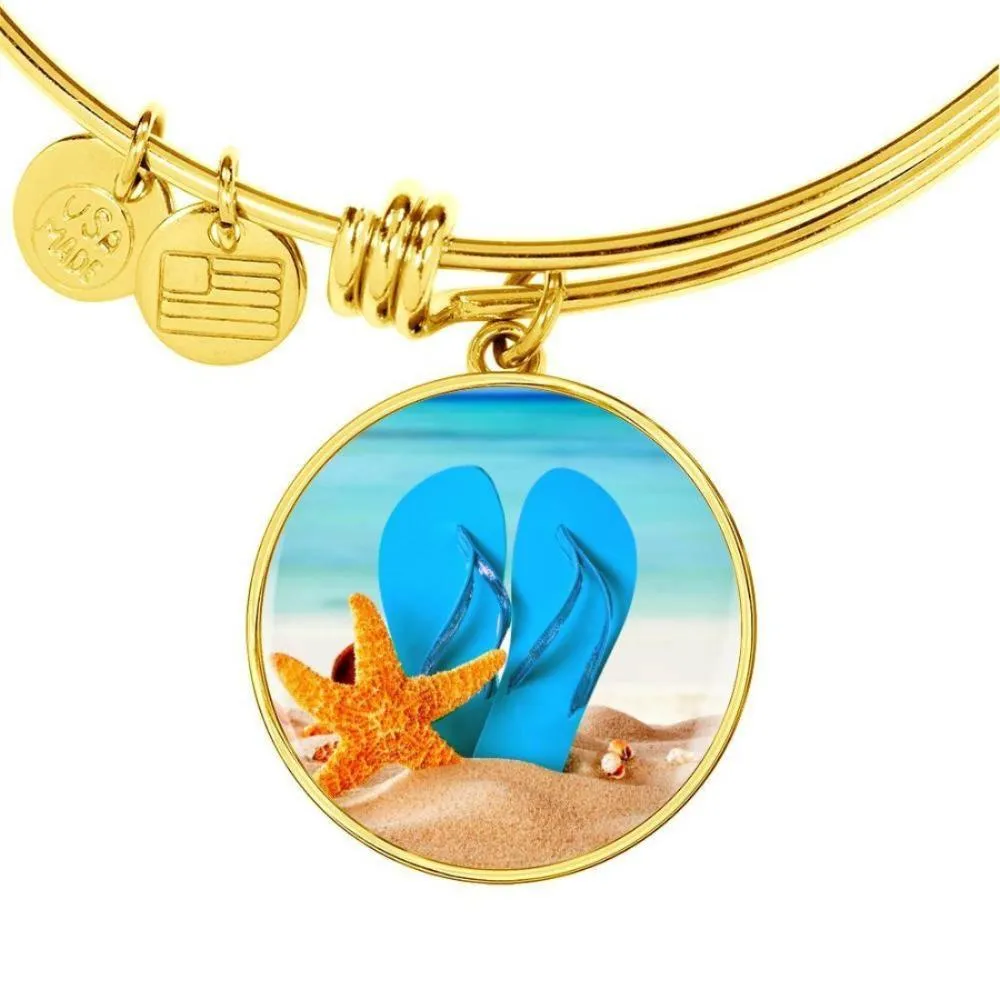 New Flip Flops On The Beach - Round Pendant Gold Bangle Bracelet