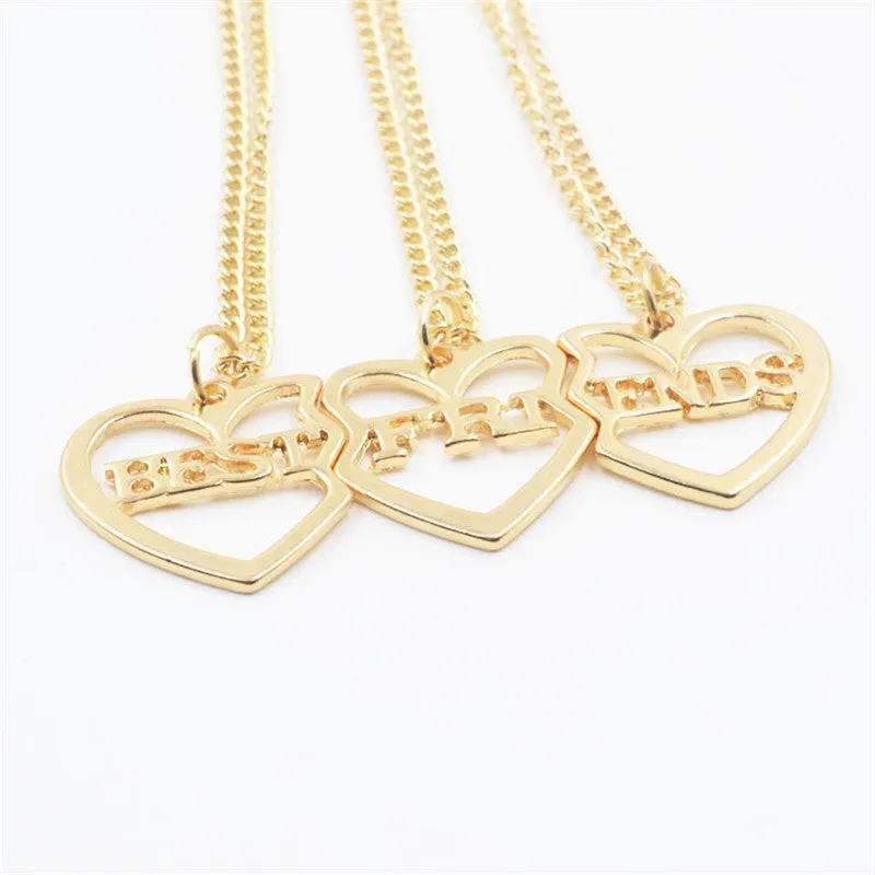 New Style Broken 3 Parts Gold Plated Heart Pendant Necklace Best Friend Letters Necklace Fine Jewelry Friends Party Gift