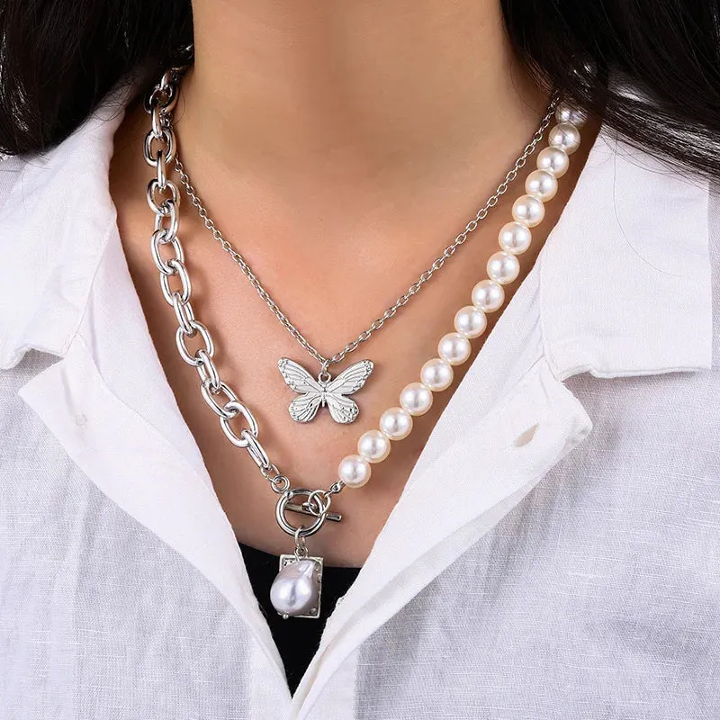 Pearl Chain Girls Vintage Butterfly Pendant Accessories Multilayer Necklace