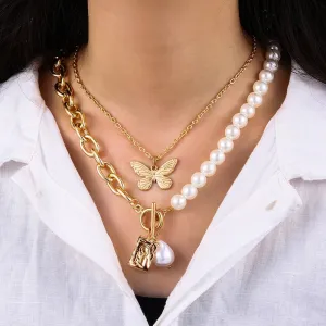 Pearl Chain Girls Vintage Butterfly Pendant Accessories Multilayer Necklace