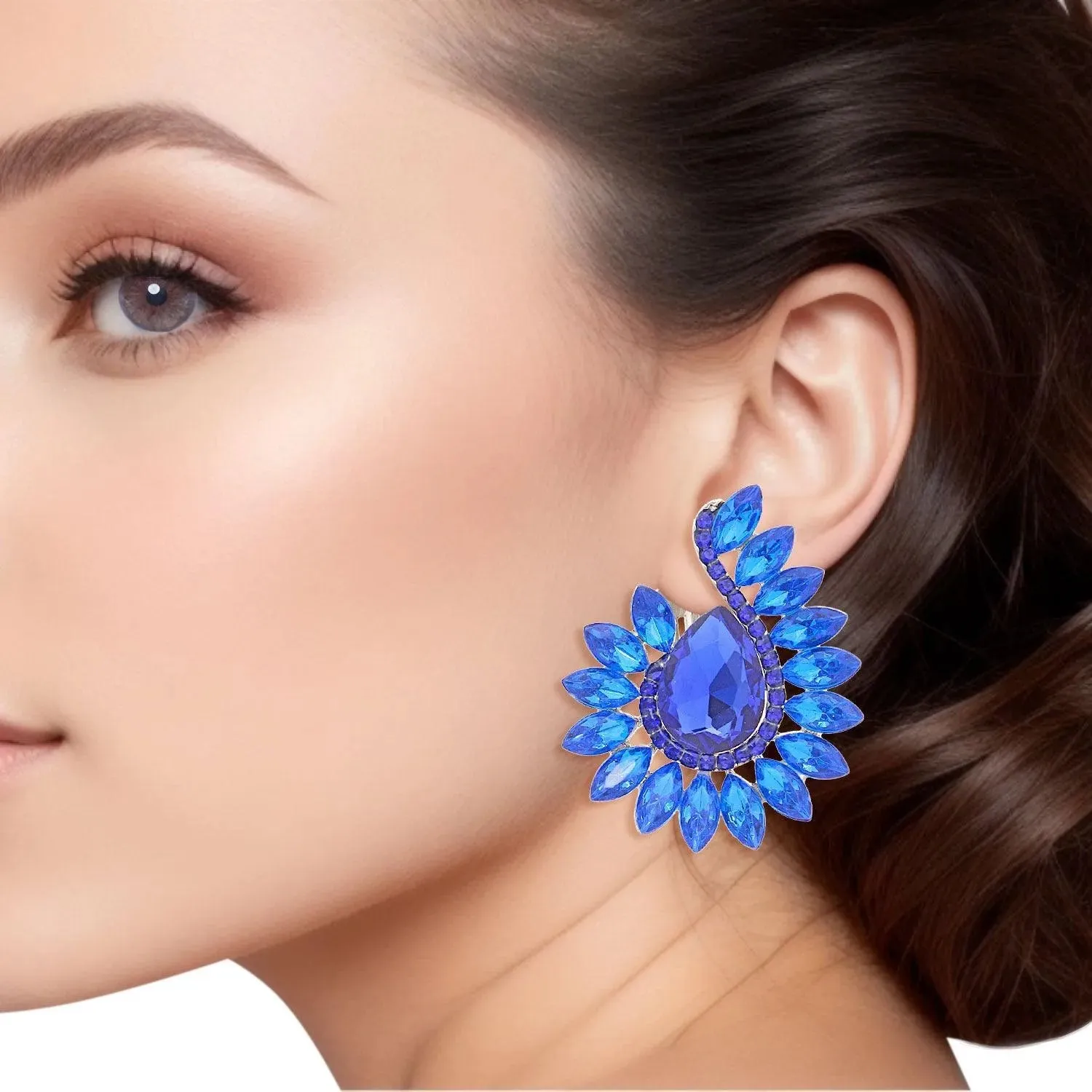 Royal Blue Teardrop Center Clip On Pageant Earrings for Elegant Style