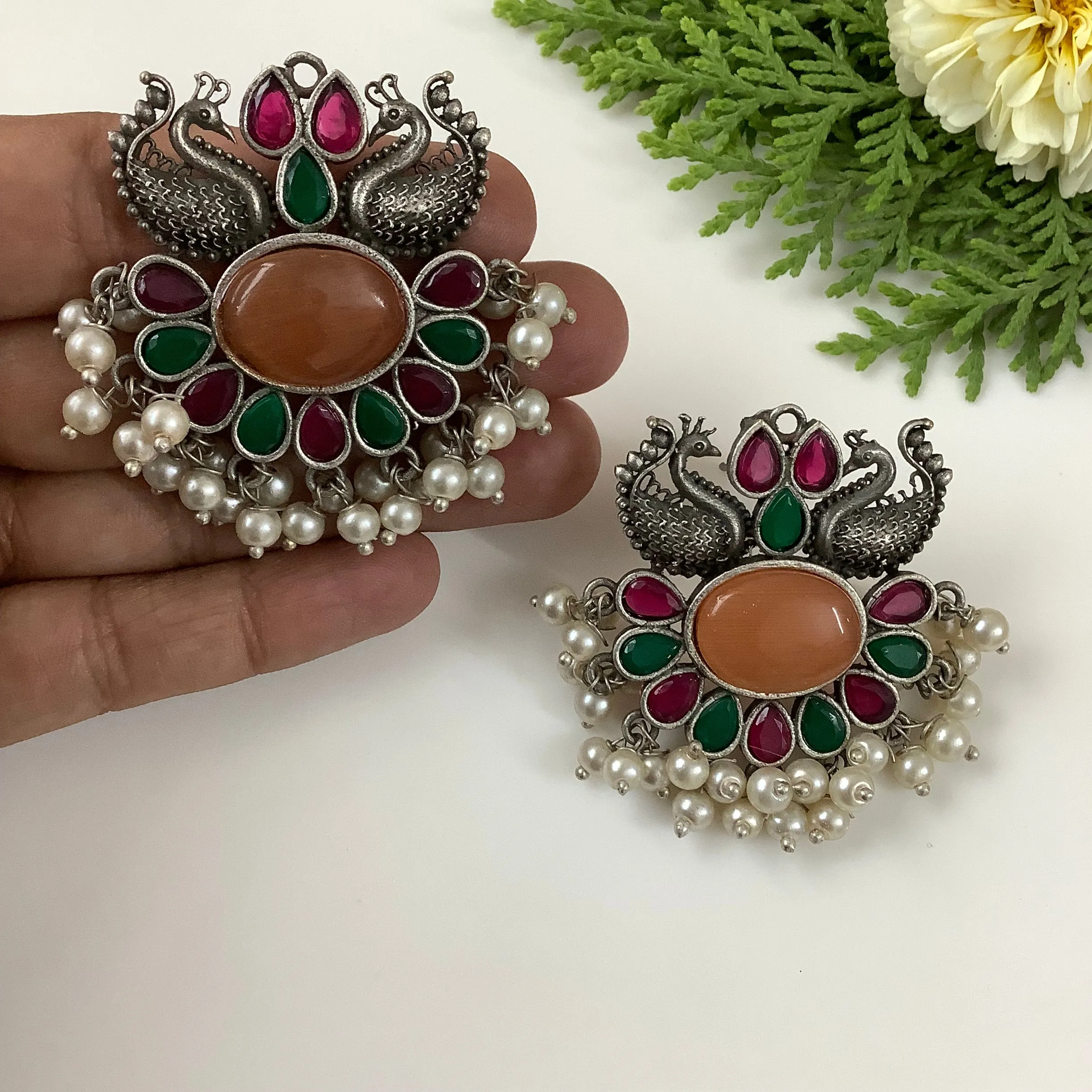 Salvanity German Silver Rubies & Emeralds Peacock Earrings