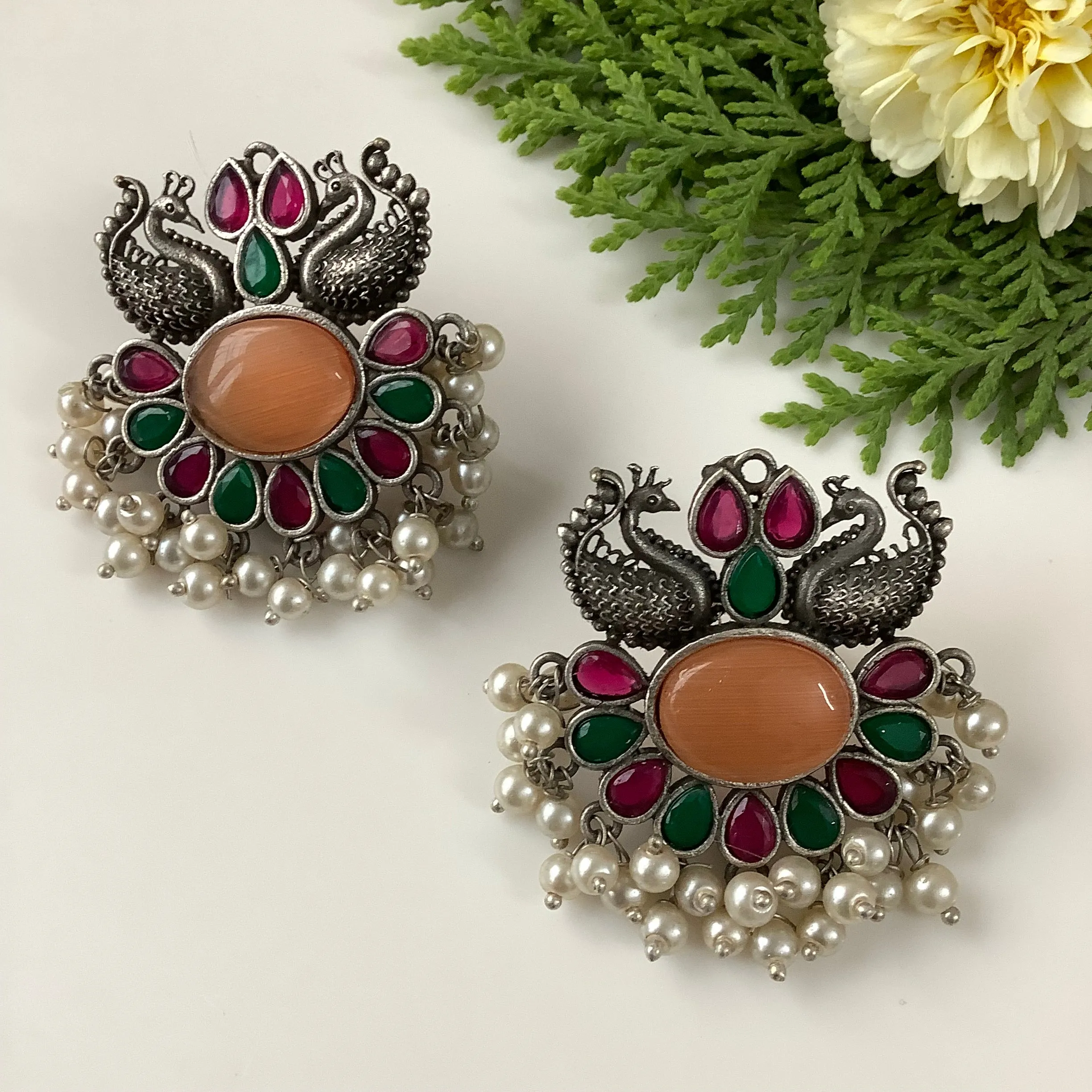 Salvanity German Silver Rubies & Emeralds Peacock Earrings