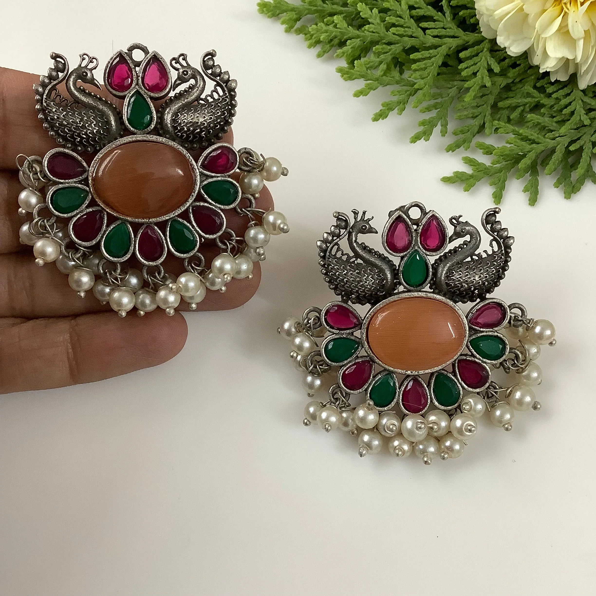 Salvanity German Silver Rubies & Emeralds Peacock Earrings