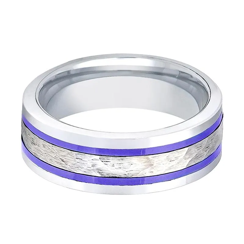 SKYFORCE | Silver Tungsten Ring, Hammered, Two Blue Hue Trims, Flat