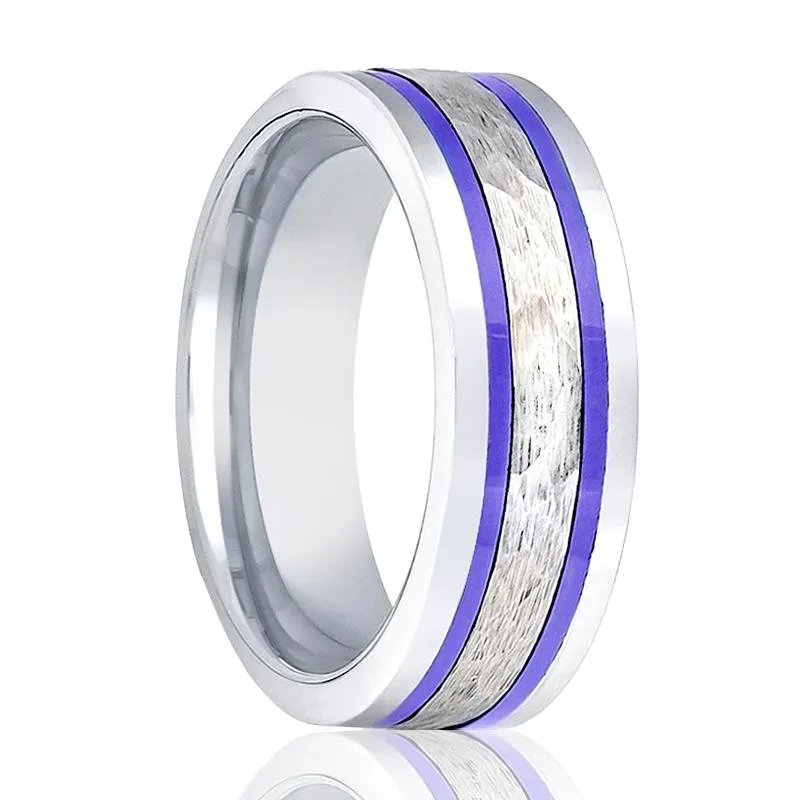 SKYFORCE | Silver Tungsten Ring, Hammered, Two Blue Hue Trims, Flat