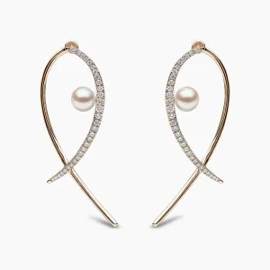 Sleek 18 Gold Floating Pearl and Diamond Cross Earrings