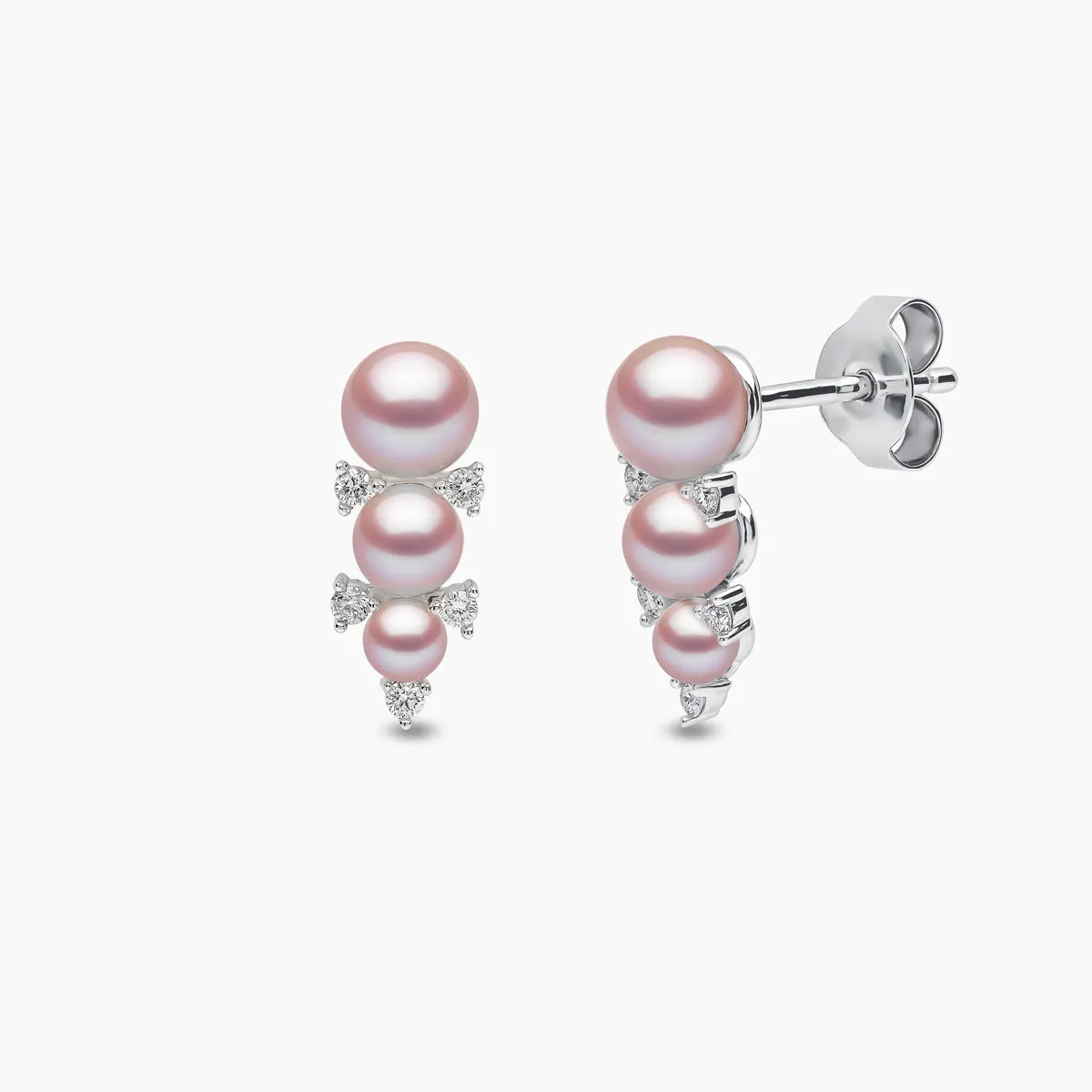 Sleek 18K Gold Triple Pearl and Diamond Stud Earrings