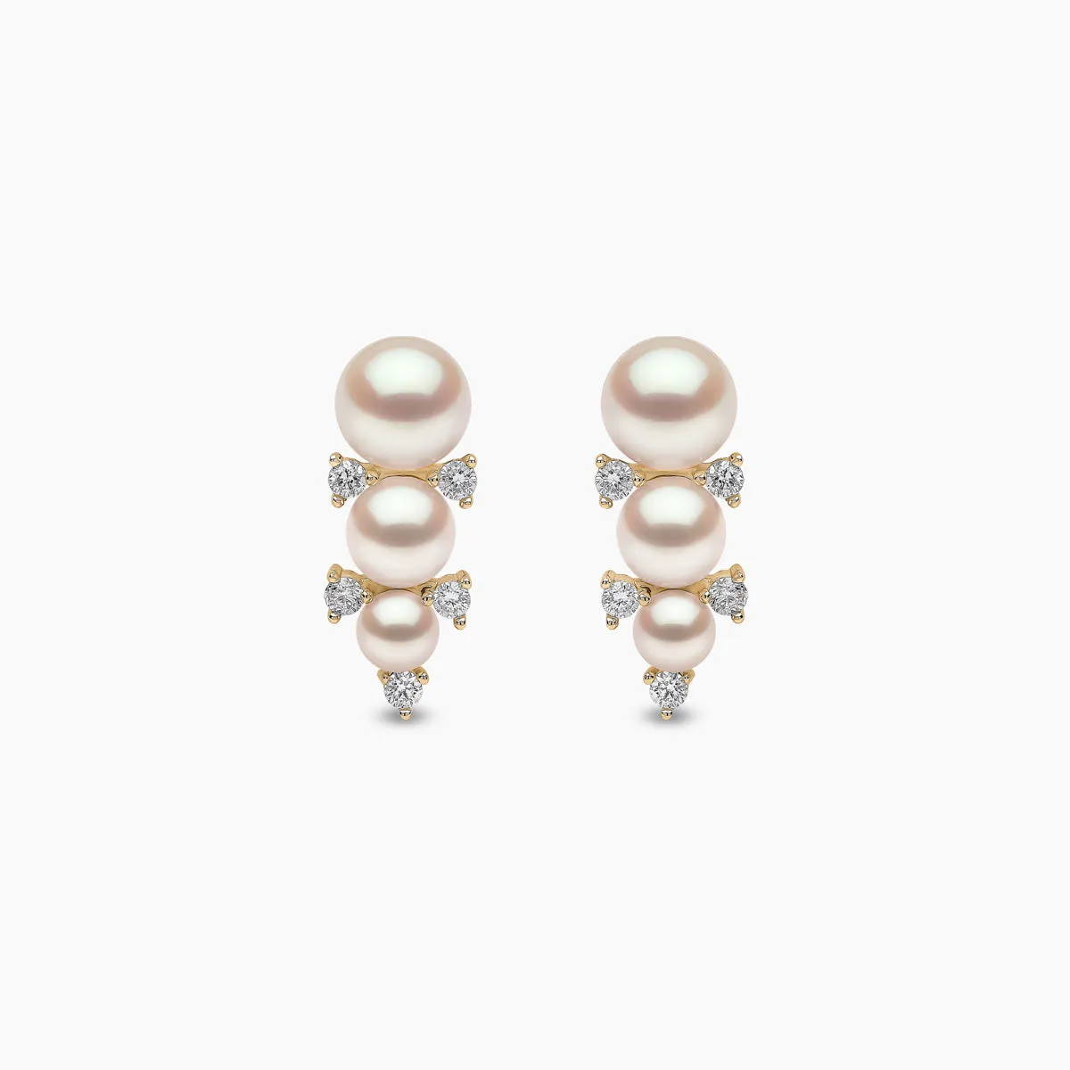 Sleek 18K Gold Triple Pearl and Diamond Stud Earrings