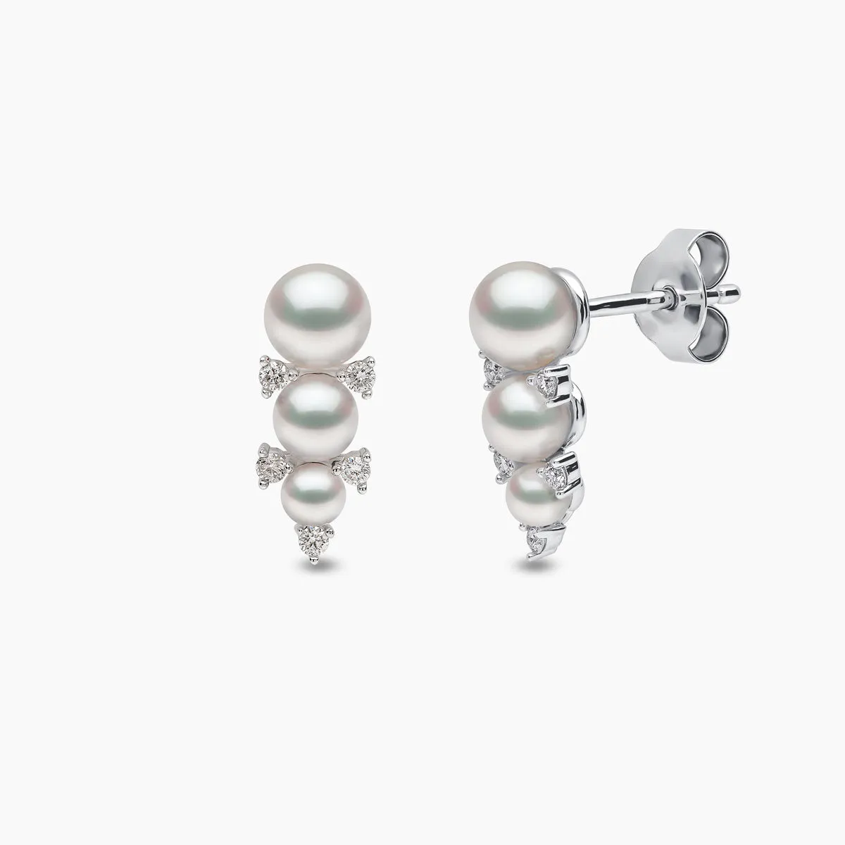 Sleek 18K Gold Triple Pearl and Diamond Stud Earrings