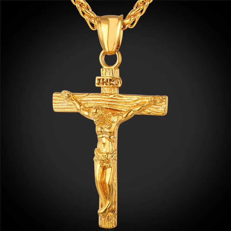 Stainless Steel Yellow Gold Plated INRI Jesus Piece Cross Pendant & Necklace Chain For Men Gift Vintage Christian Jewelry